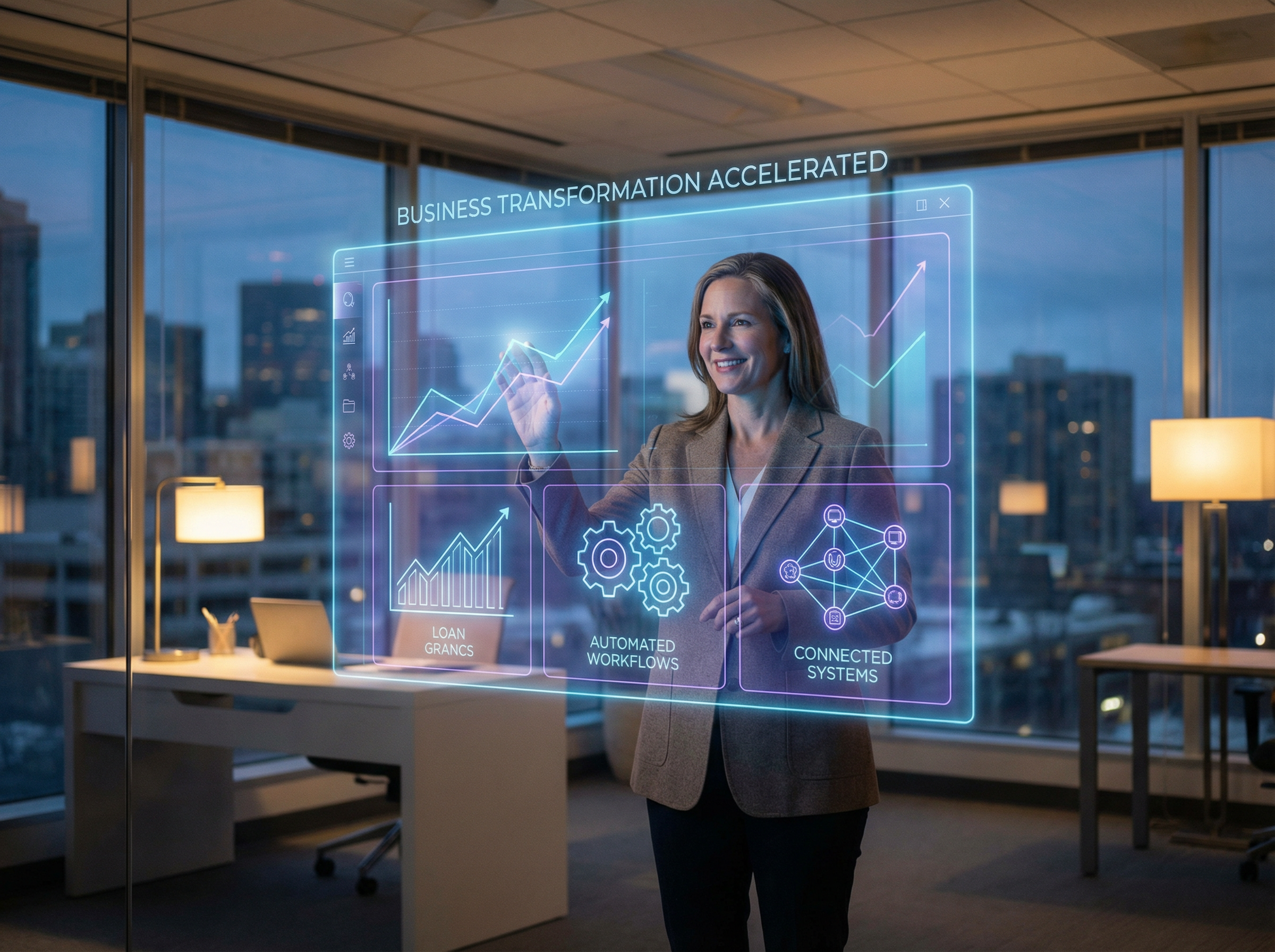 Business owner confidently reviewing AI-powered growth dashboard showing rising revenue and automated workflows