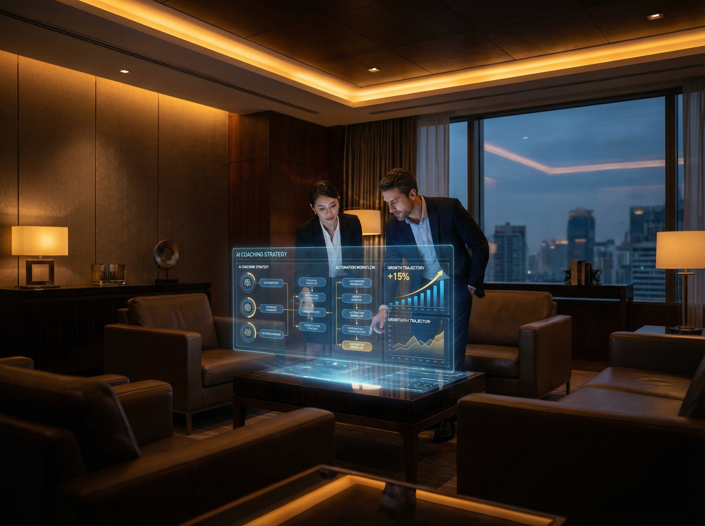 AI coaching session — two professionals collaborating on AI strategy and business transformation