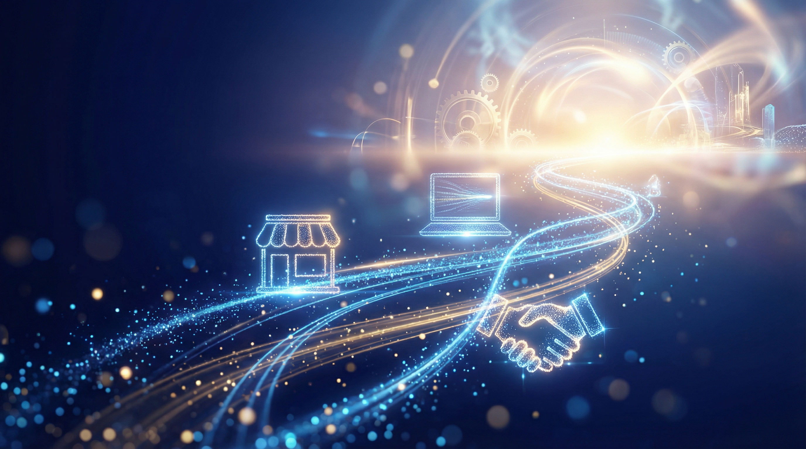 AI-powered business transformation concept — interconnected business icons with glowing digital pathways leading to growth