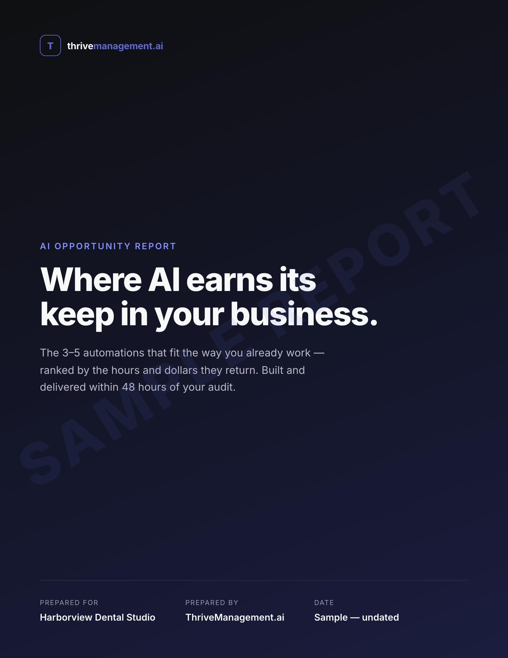 Sample AI Opportunity Report cover — watermarked sample for a fictional business